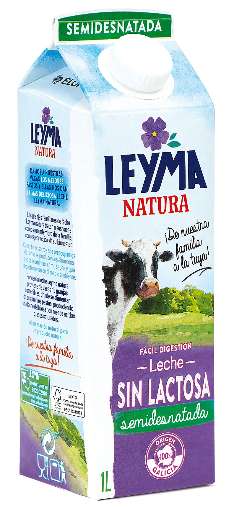 Leche de vaca semidesnatada y sin lactosa, de fácil digestión