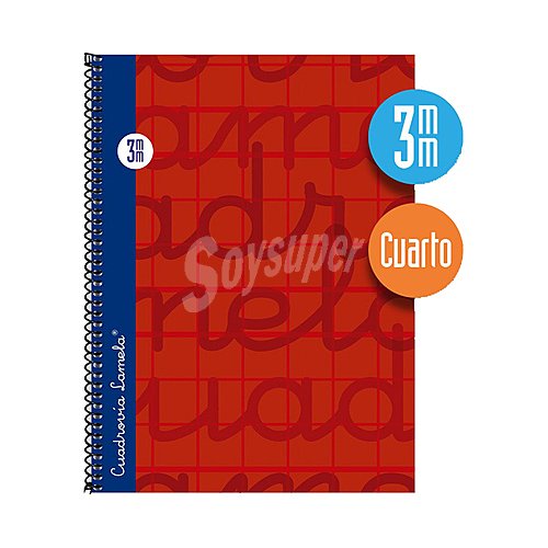 Cuaderno de espiral tamaño cuarto con 80 hojas de cuadrovía 3mm. Cubierta extra dura color rojo. editorial lamela