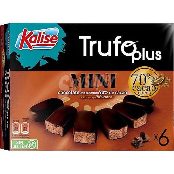 Trufo Plus Mini helado de chocolate con cobertura de chocolate 70% cacao 6 unidades sin gluten