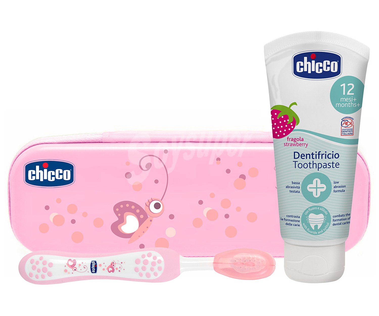 Set dental infantil con estuche y cepillo de color rosa, a partir de 12 meses