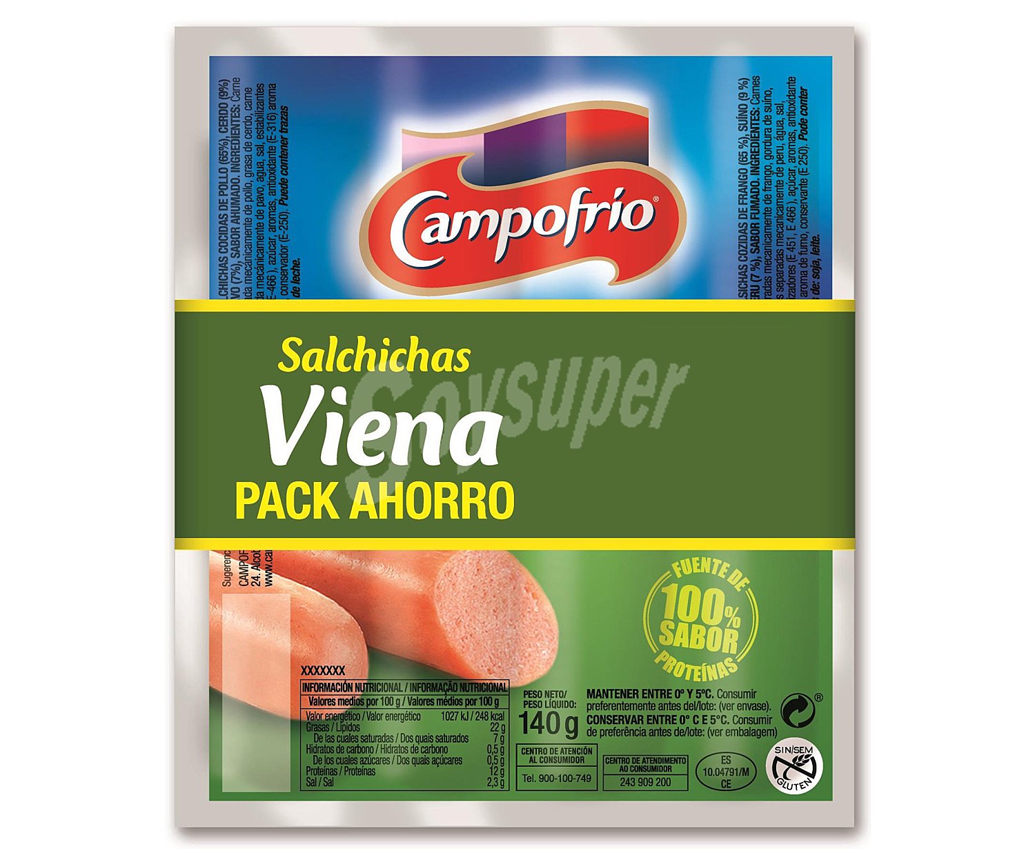 Salchichas cocidas de pollo y cerdo con sabor ahumado, tipo Viena