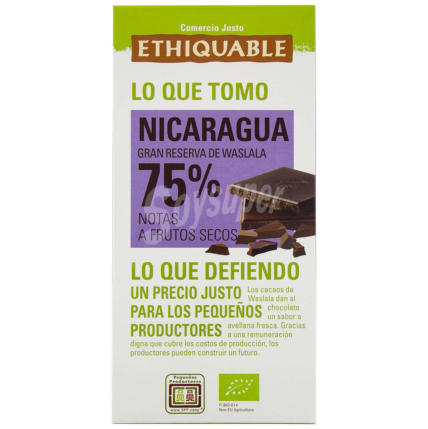 Chocolate negro 75% cacao de Nicaragua de gran reserva de Waslala ecológico