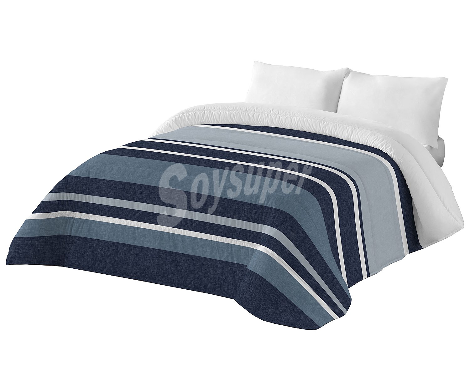 Edredón reversible de rayas azul y gris para cama doble, 300g/m² naturals.