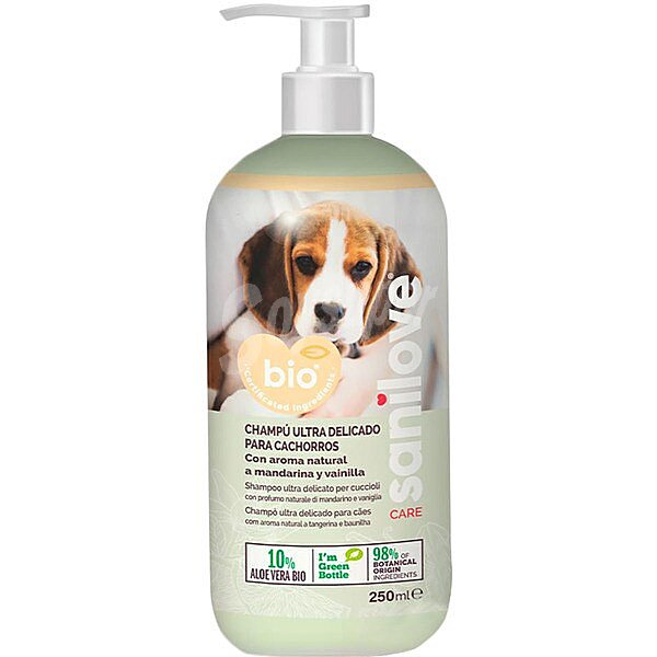 Bio champú ultra delicado para cachorros con aroma natural a mandarina y vainilla dosificador 250 ml