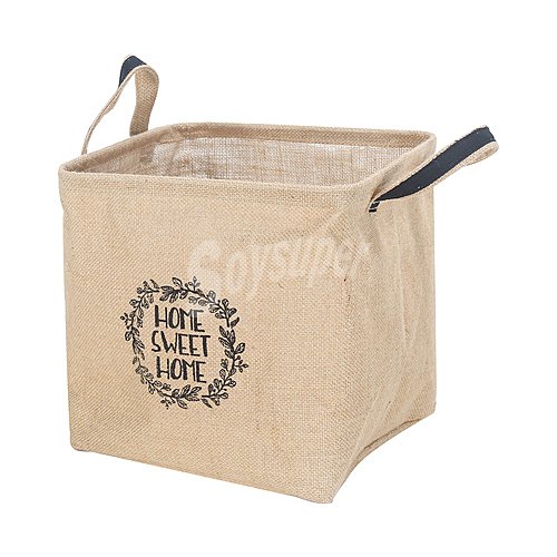 Cesta de tela yute color beige con asas y decorado Home, sweet home, 30x30x30 cm. actuel