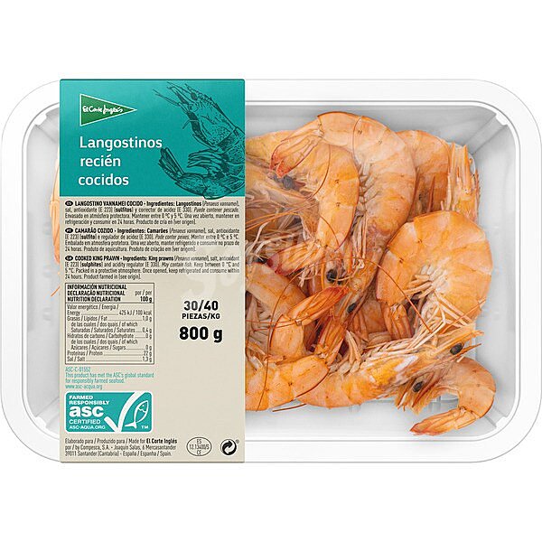 Langostinos Vannamei ASC recién cocidos 30-40 piezas/kg bandeja 800 G