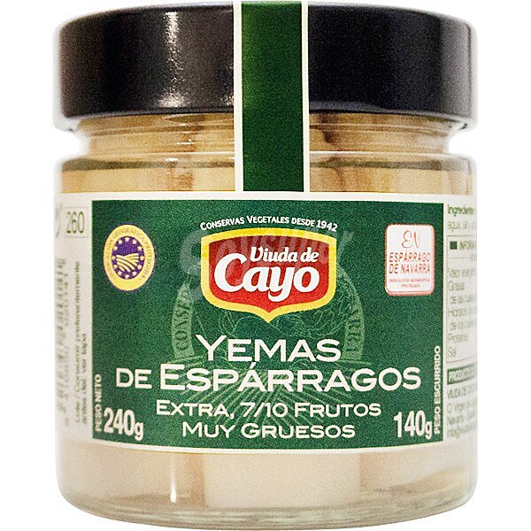 Yemas de espárragos D.O. Navarra extra muy gruesos 7-10 piezas frasco 140 g neto escurrido