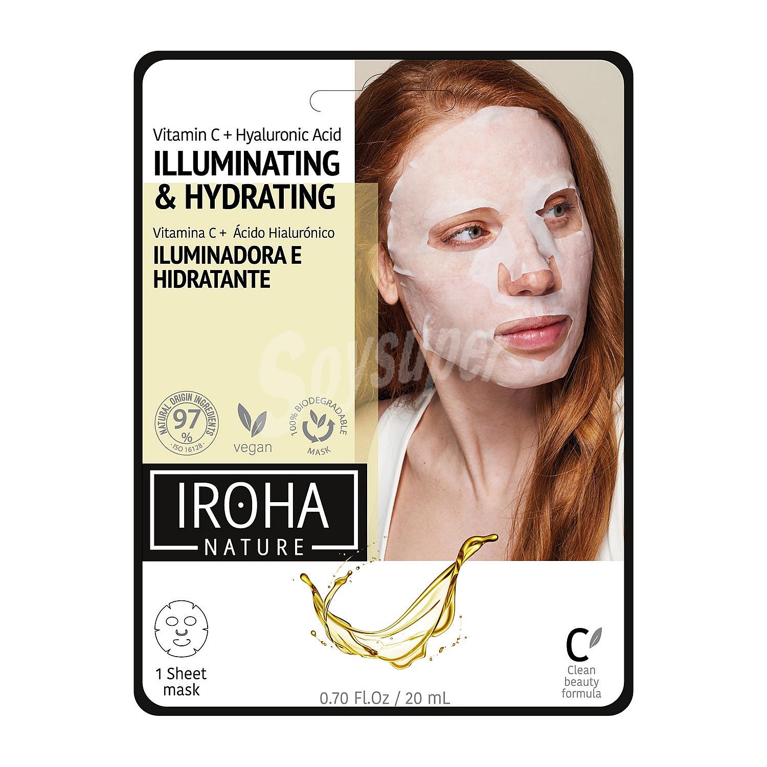 Máscara facial iluminadora e hidratante con vitamina C + ácido hialurónico Iroha Nature