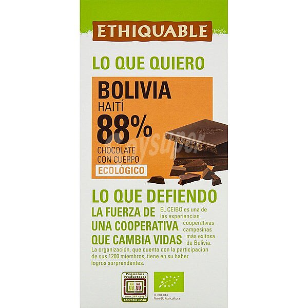 Chocolate negro 88% cacao de Perú ecológico y de comercio justo