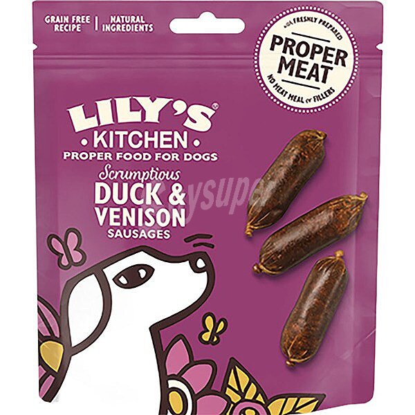 Snacks para perros en forma de salchicha con pato y venado envase 70 G