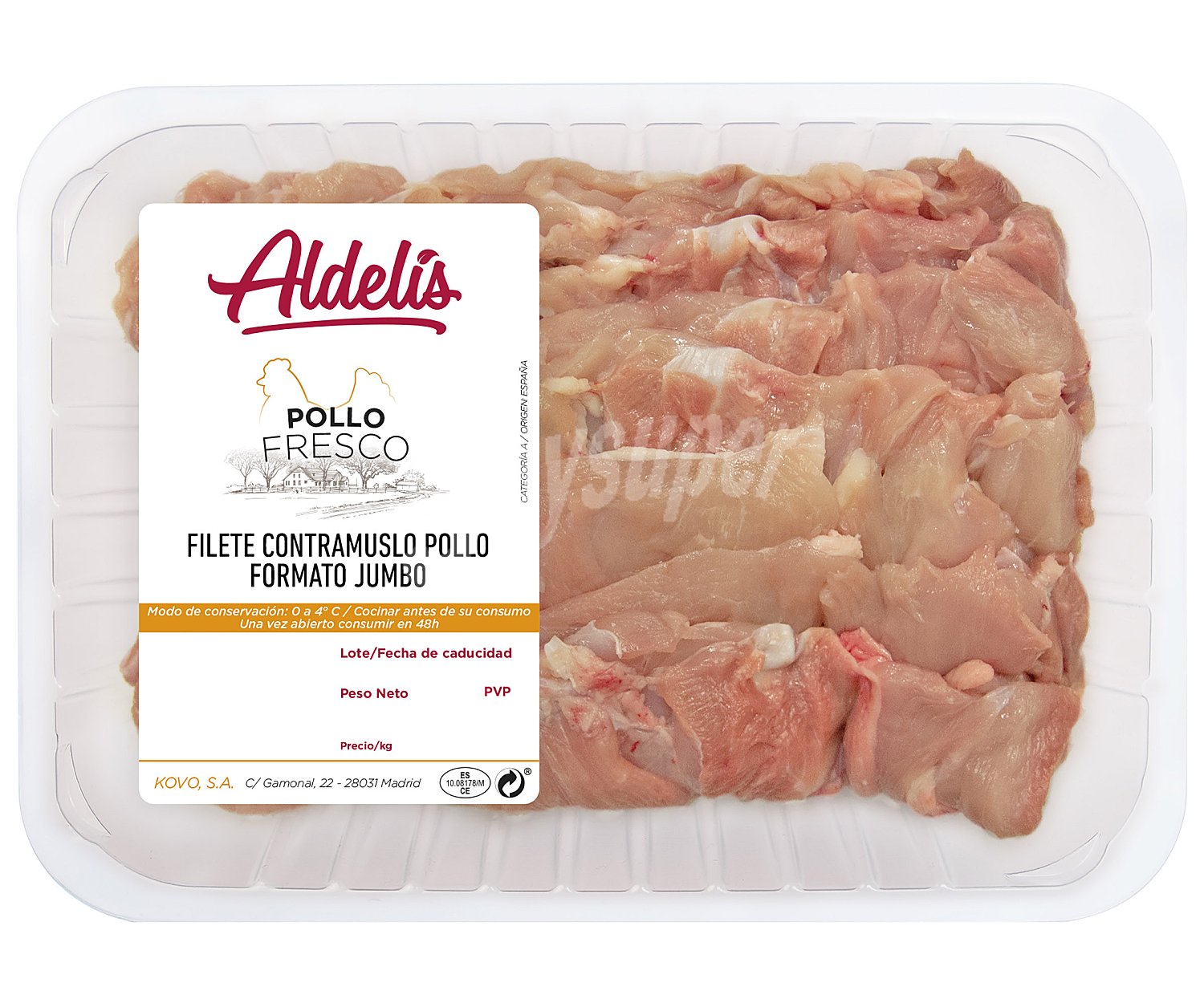 Bandeja de filetes de contramuslos de pollo sin piel