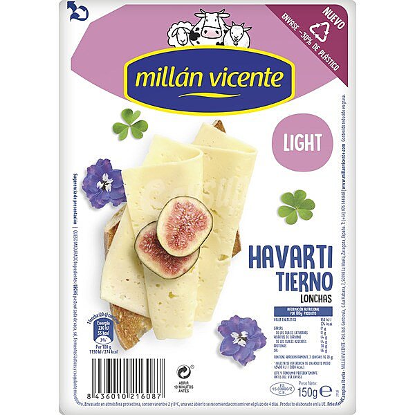 Queso havarti light 100% natural en lonchas