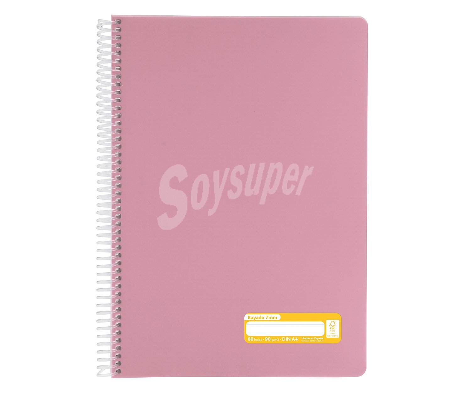 Cuaderno tamaño A4 con cubiertas de PP en color rosa y espiral plástica, con 80 hojas de rayadas de 7 mm y de en el interior, grafoplas