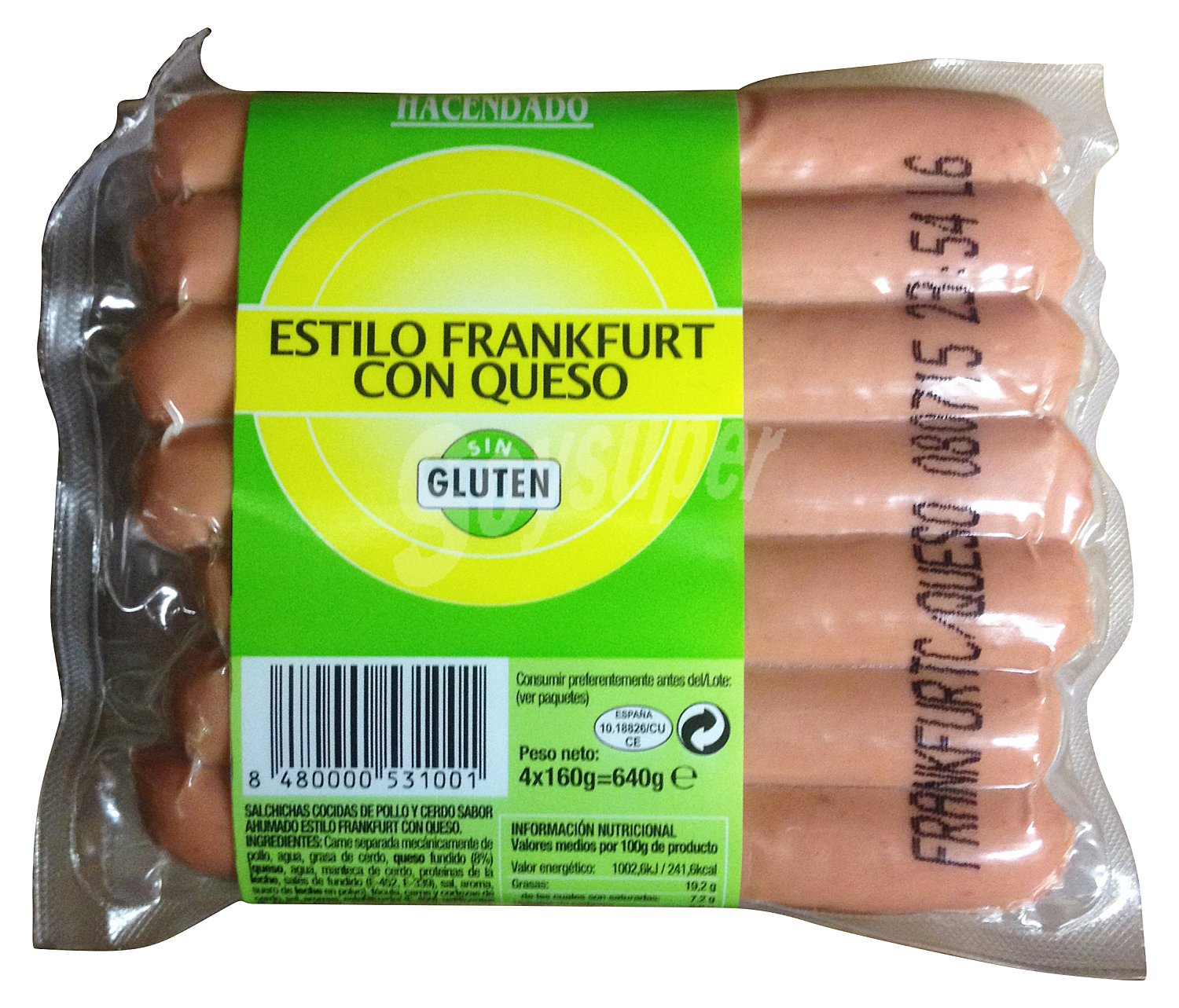 Salchichas cocidas estilo Frankfurt con queso de pollo y cerdo sabor ahumado