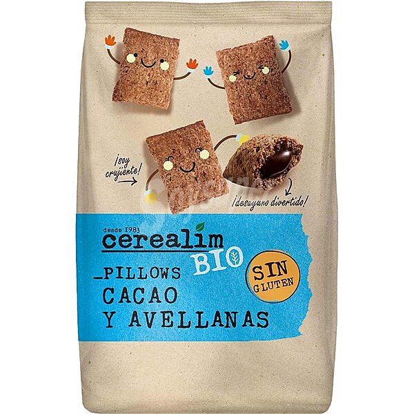 Bio Pillows cereales rellenos de crema de cacao y avellanas ecológicos y sin gluten