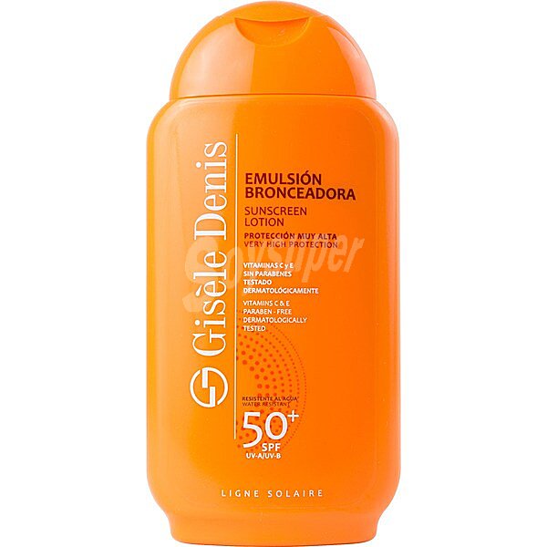 Emulsión bronceadora SPF-50+ con vitaminas C y E resistente al agua