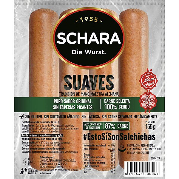 Salchichas cocidas y ahumadas tipo Frankfurt de sabor suave schara