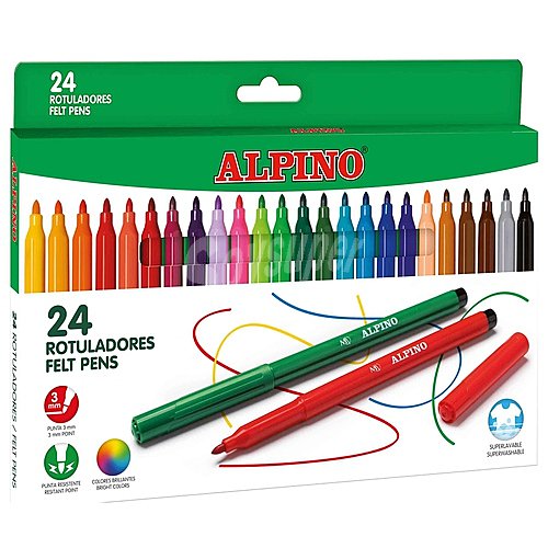 24 rotuladores con cuerpo y punta gruesa, grosor 3mm, tinta superlavable y de varios colores alpino