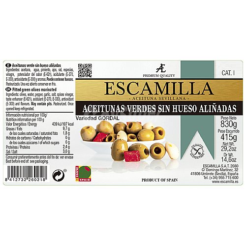 Escamilla Aceitunas verdes Gordal deshuesadas aliñadas escamilla