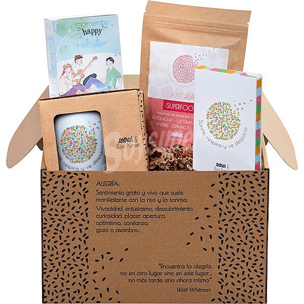 Alegría Superfood kit incluye taza, preparado en polvo ecológico estuche 576 g con juego de las emociones de Elsa Punset e infusión momento happy