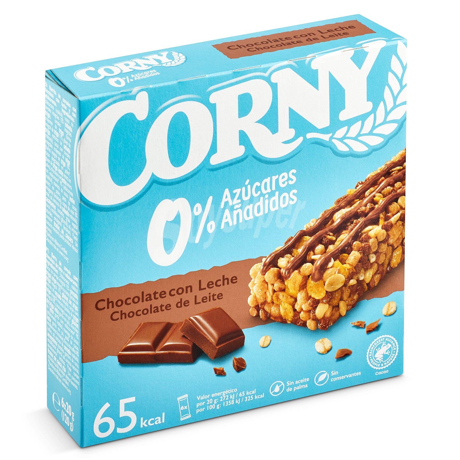 Barritas de cereales 0 % azúcares añadidos, con chocolate con leche corny