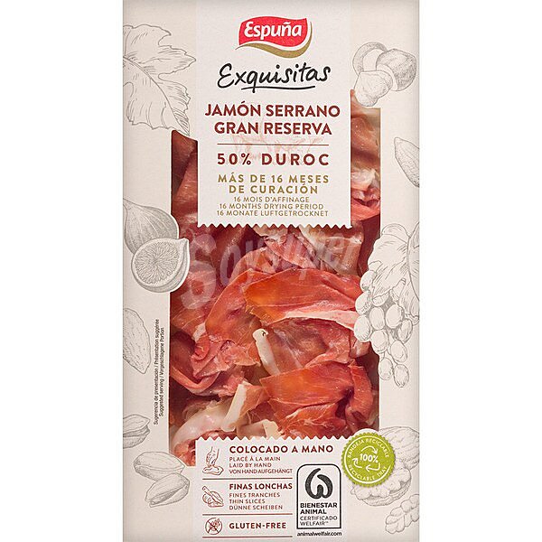 Exquisitas jamón serrano Gran Reserva 50% raza Duroc más de 16 meses de curación