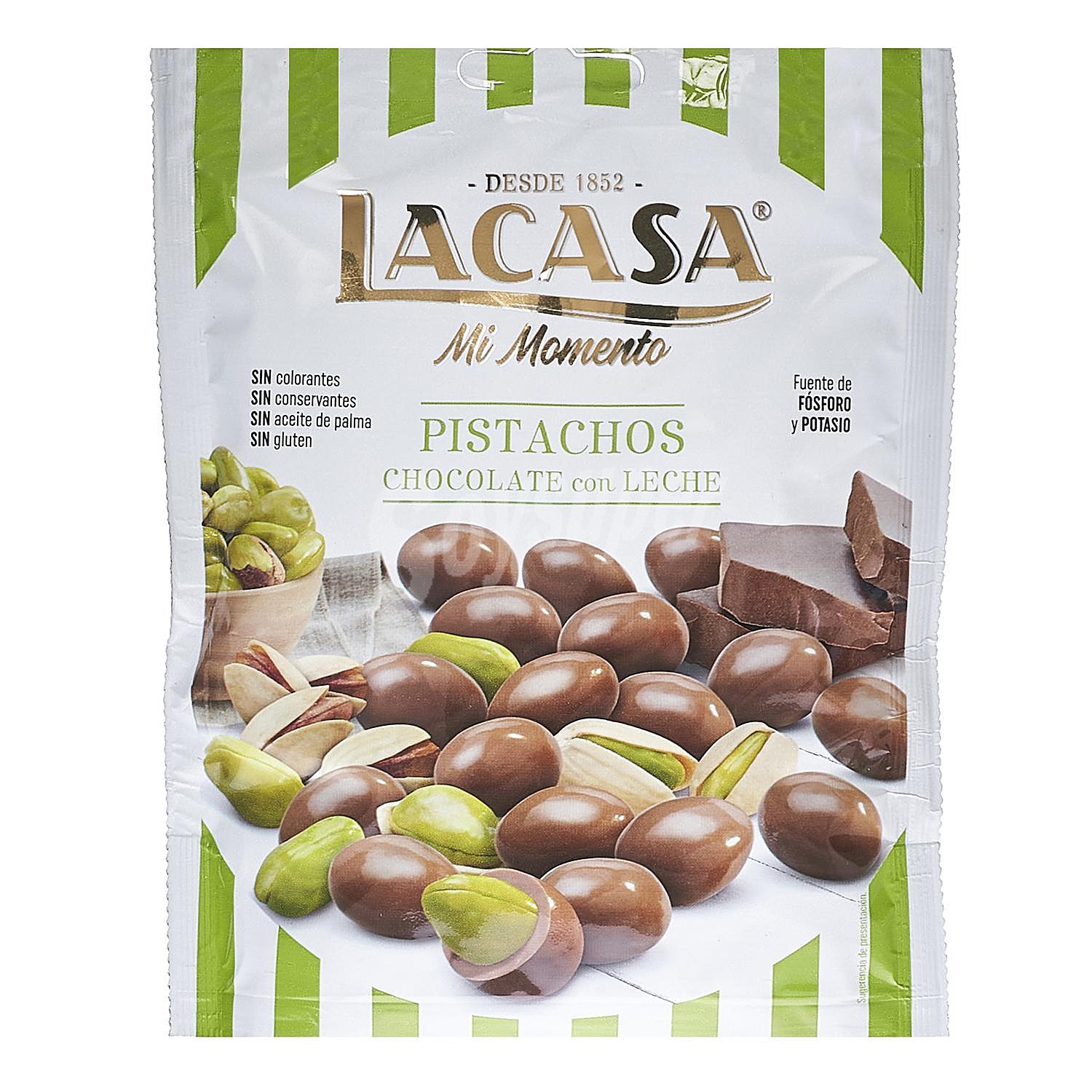 Pistachos cubiertos de chocolate con leche Lacasa sin gluten y sin aceite de palma