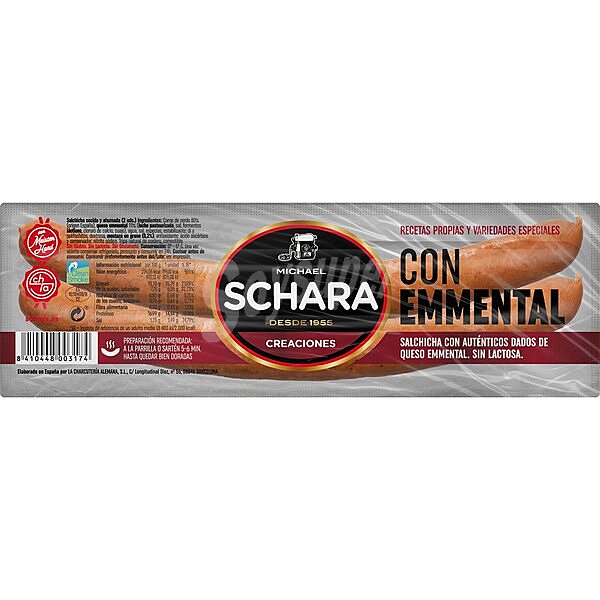 Schara Salchichas cocidas, ahumadas y embuchadas en tripa natural, con dos de queso Emmental scara Creaciones