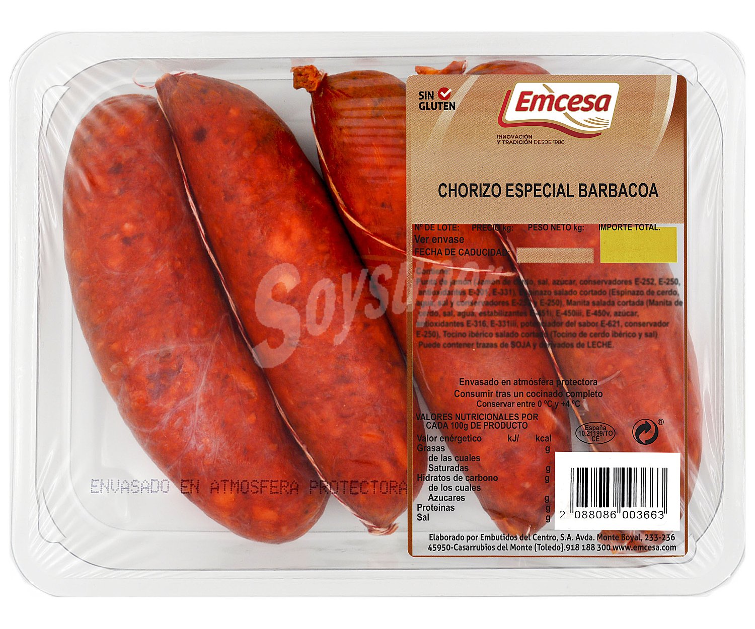 Bandeja con chorizos especiales para barbacoa, elaborados sin gluten