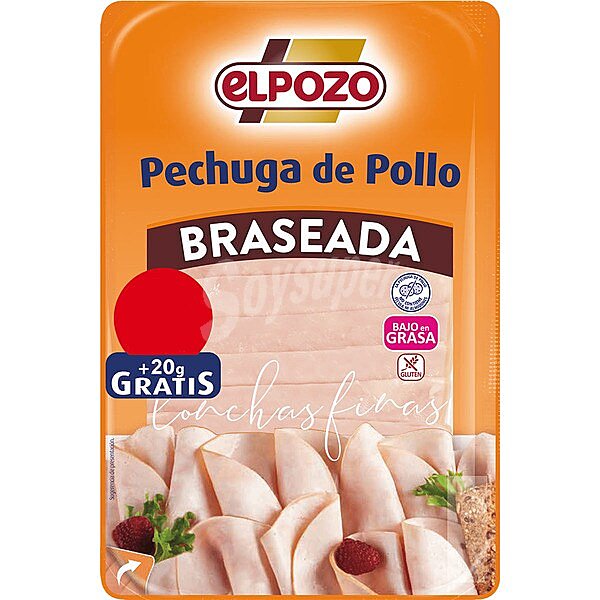 Pechuga de pollo braseada bajo en grasa en lonchas finas sin gluten