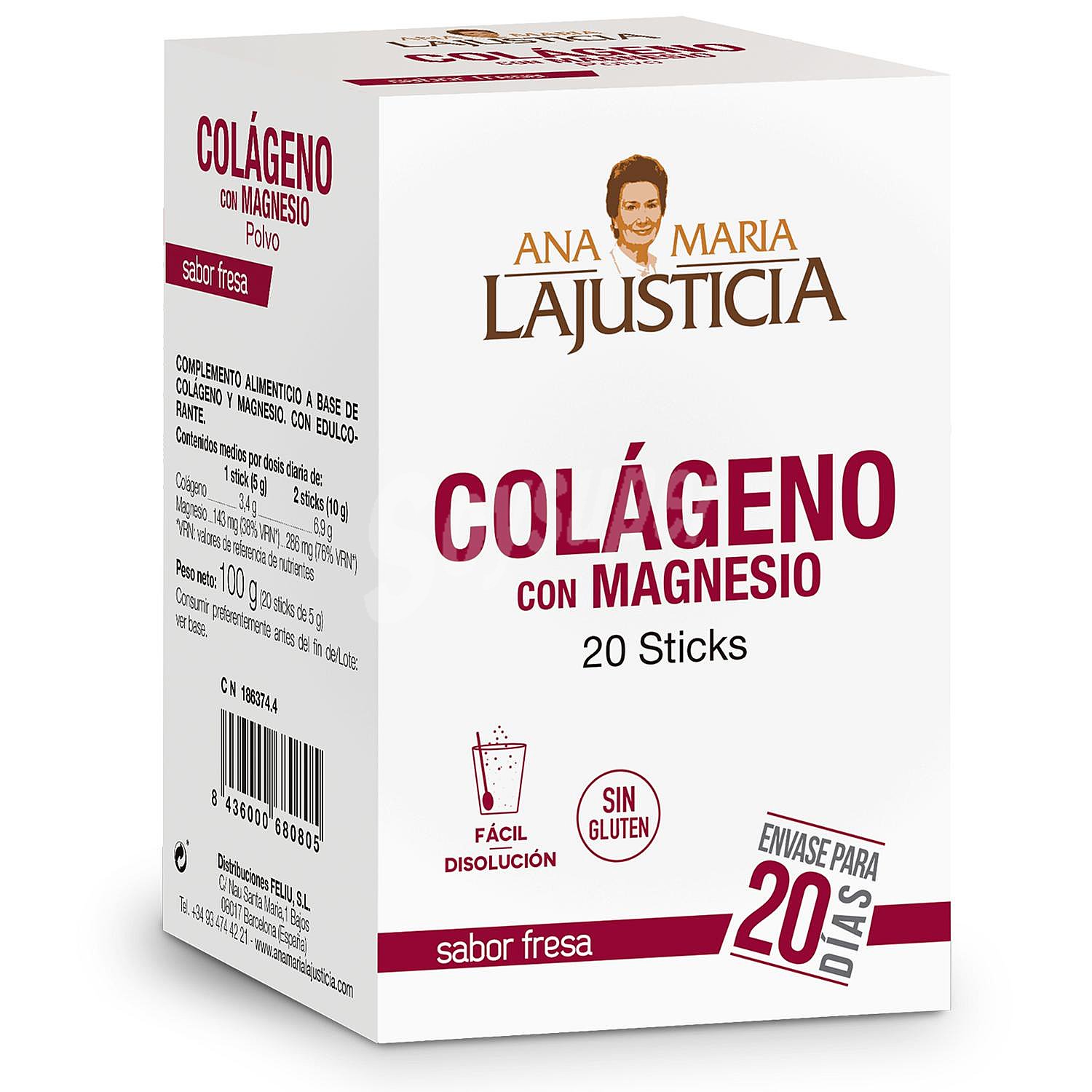 Complemento alimenticio con colágeno y magnesio en sticks Ana Maria Lajusticia sin gluten