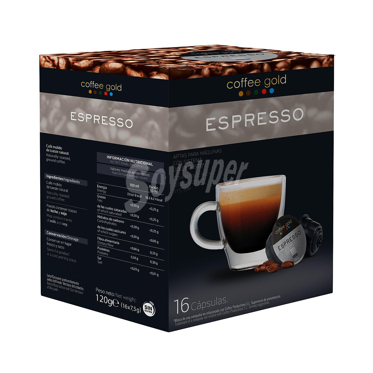 Café espresso en cápsulas Coffee Gold sin gluten