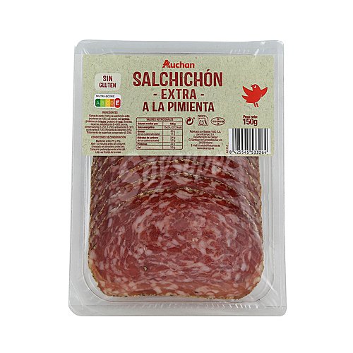 Producto alcampo Salchichón a la pimienta de categoria extra, sin gluten y cortado en lonchas producto alcampo