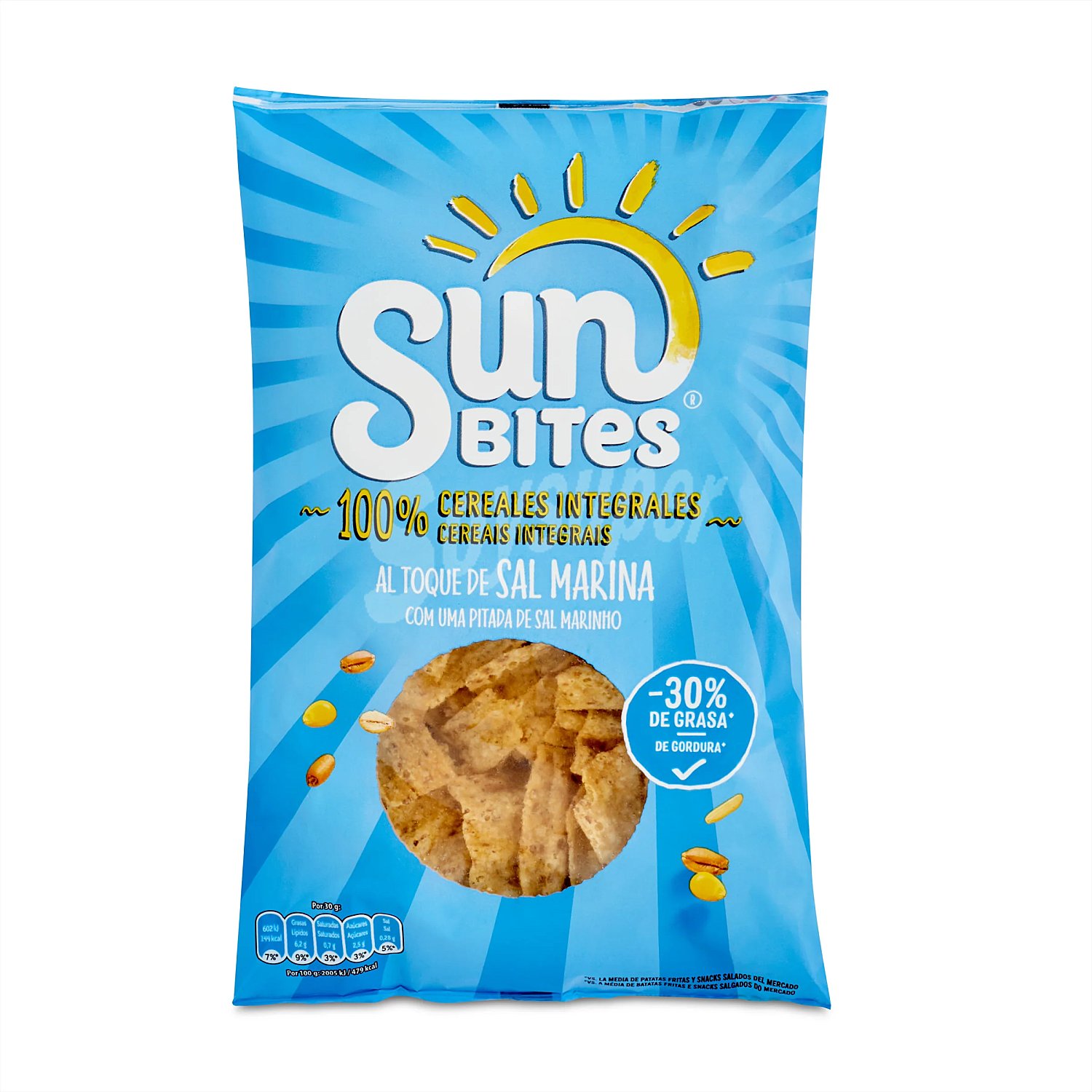 Snacks ondulados multicereales, con sabor sal marina sunbites