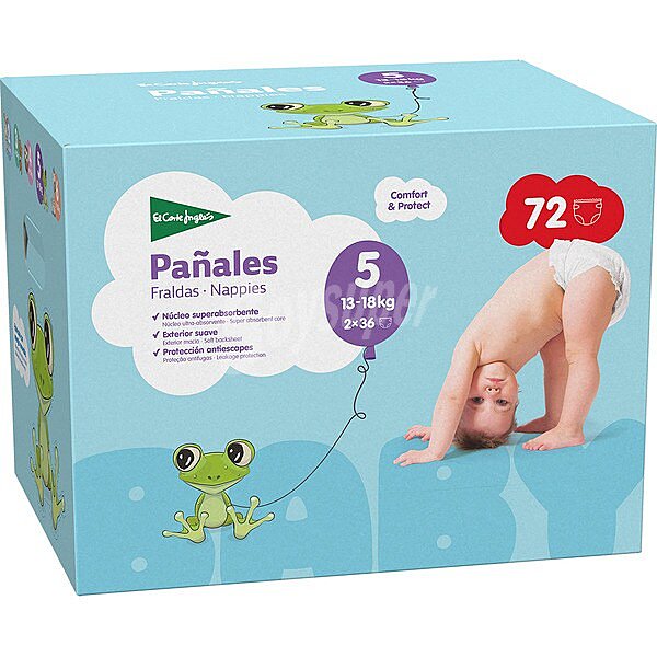 Pañales unisex de 13 a 18 kg talla 5 elásticos y transpirables caja 72 unidades