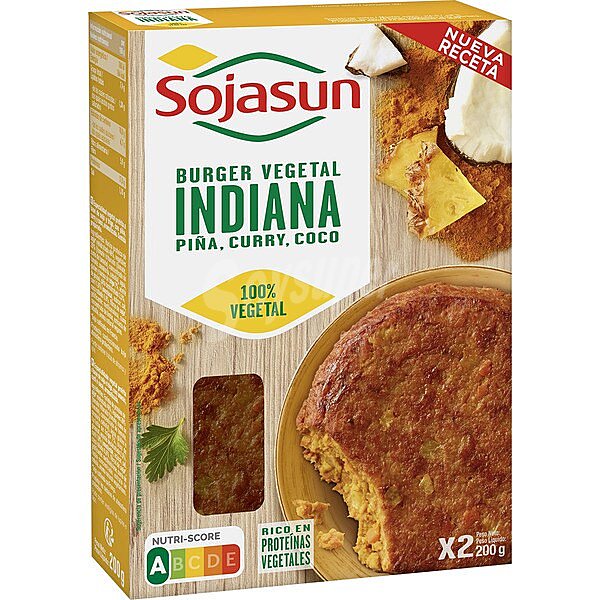 Indiana hamburguesas vegetales de soja y trigo con piña, curry y coco pack 2 x 100 G