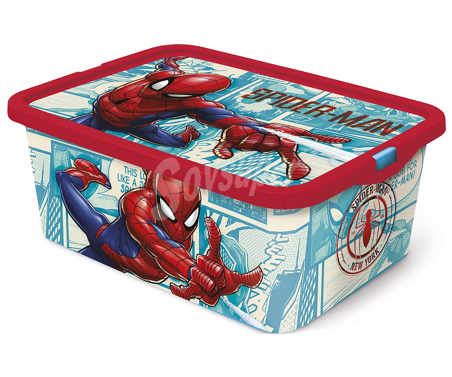 Caja infantil para ordenación con diseño de Spiderman y tapa cierre click, 23 litros, disney.