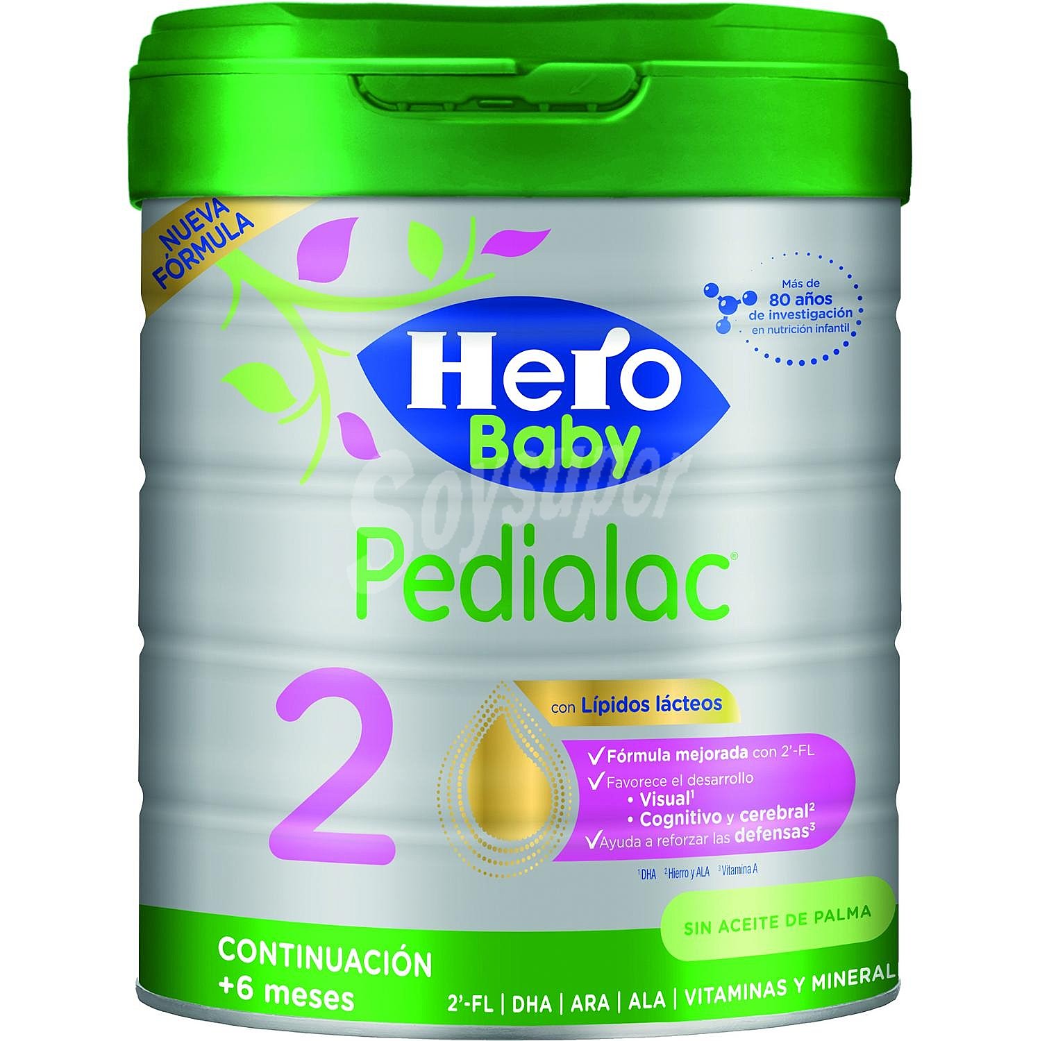 Leche infantil de continuación desde 6 meses en polvo 2 Hero Baby Pedialac lata sin aceite de palma