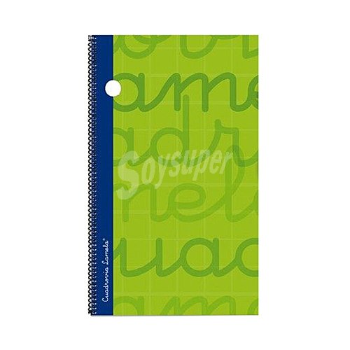 Cuaderno de espiral tamaño cuarto con 80 hojas de cuadrovía 2.5mm. Cubierta extra dura color verde. editorial lamela