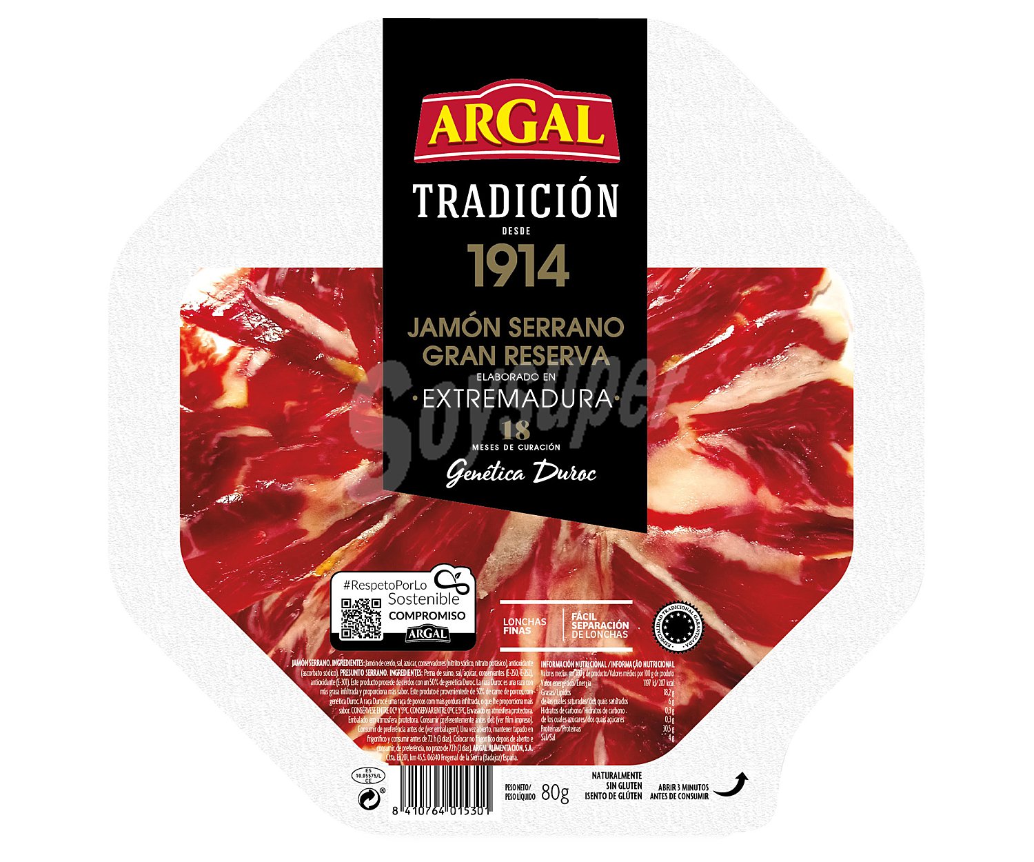 Argal Jamón serrano gran reserva (18 meses de curación), cortado en lonchas finas argal Tradición