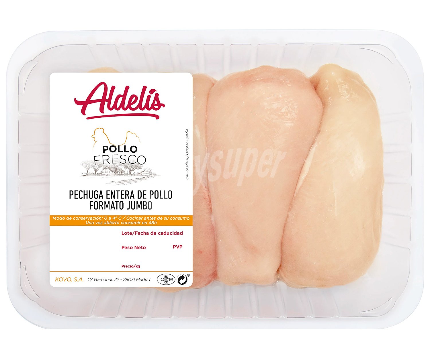 Bandeja de pechuga entera de pollo blanco