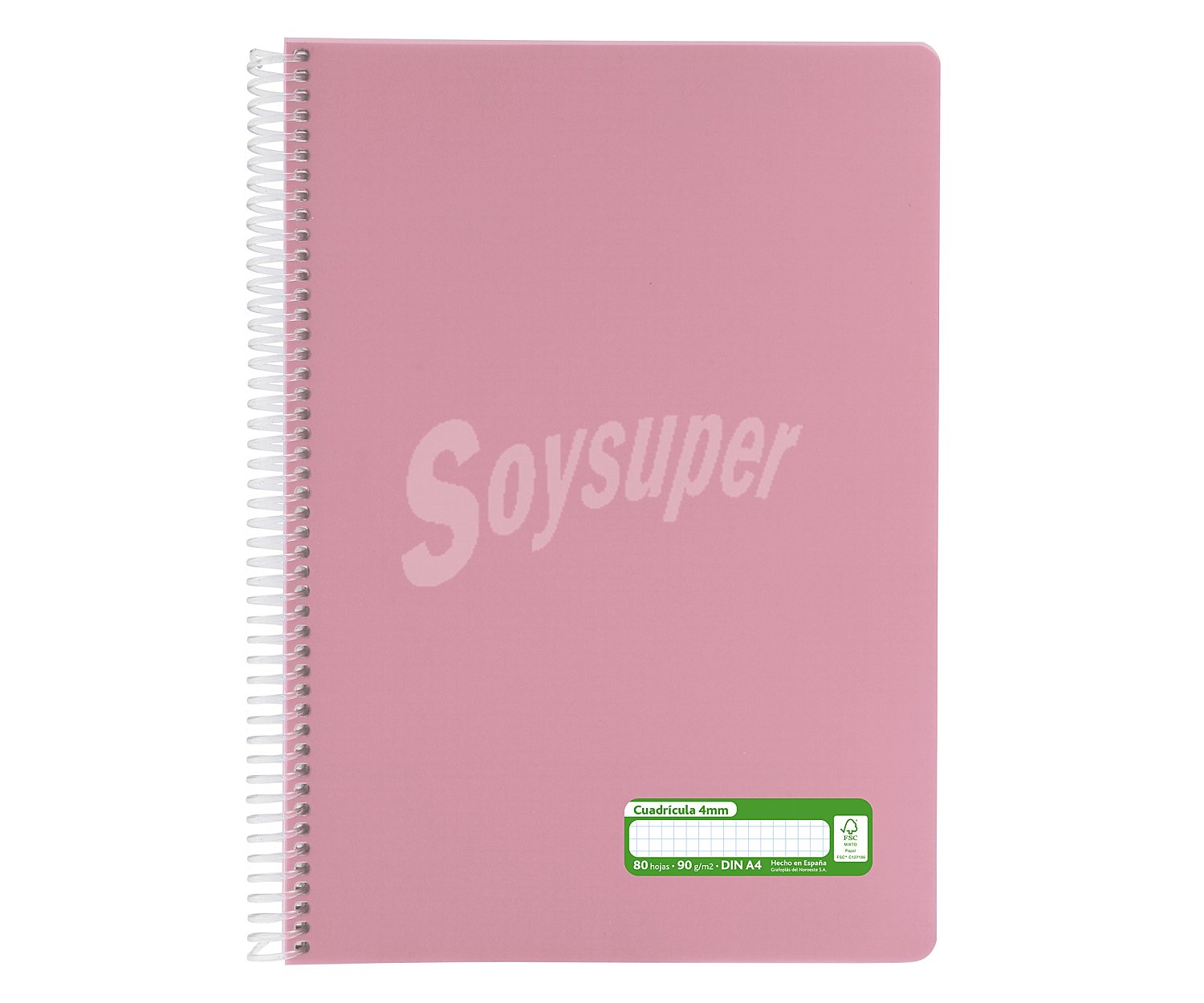 Cuaderno tamaño A4 con cubiertas de PP en color rosa y espiral plástica, con 80 hojas de cuadrícula de 4mm y de en el interior, grafoplas