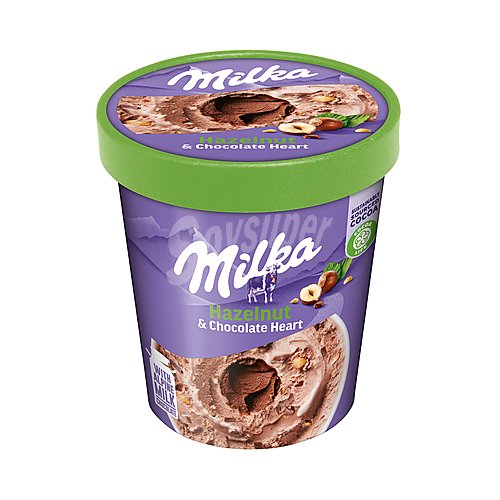 Tarrina de helado de chocolate y avellanas, con corazón de chocolate y avellana crocanti milka