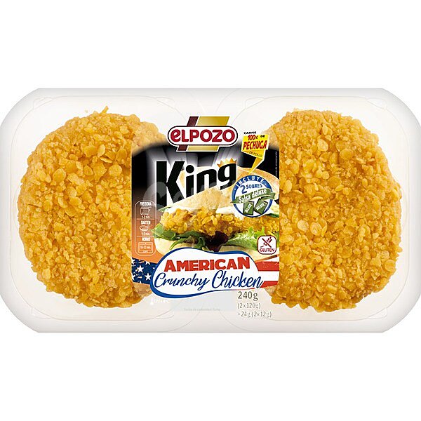 King American Crunchy Chicken hamburguesa de pollo 2 unidades x 120 g sin gluten incluye 2 sobres de salsa Deluxe