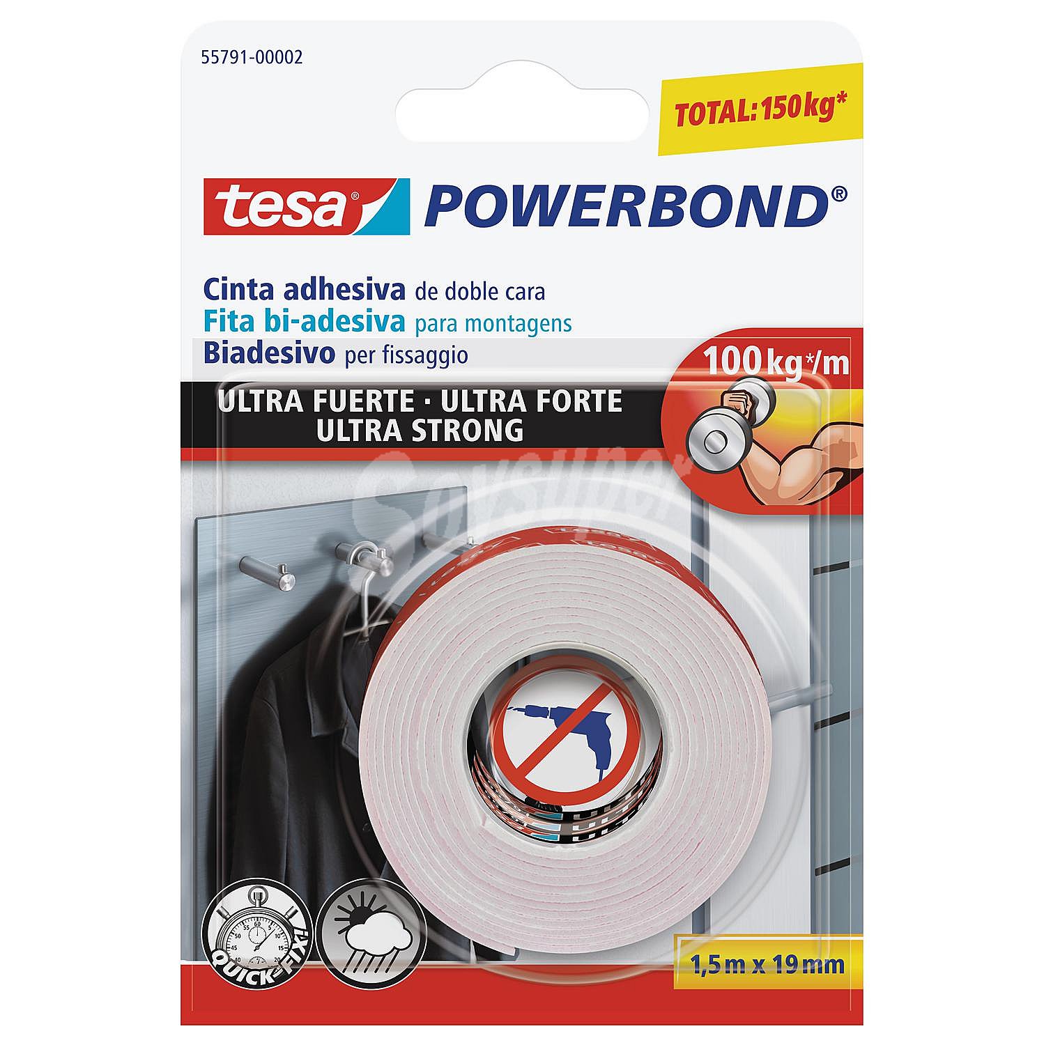 Cinta de doble cara, 1,5M x 19mm, tesa Powerbond Ultra Strong