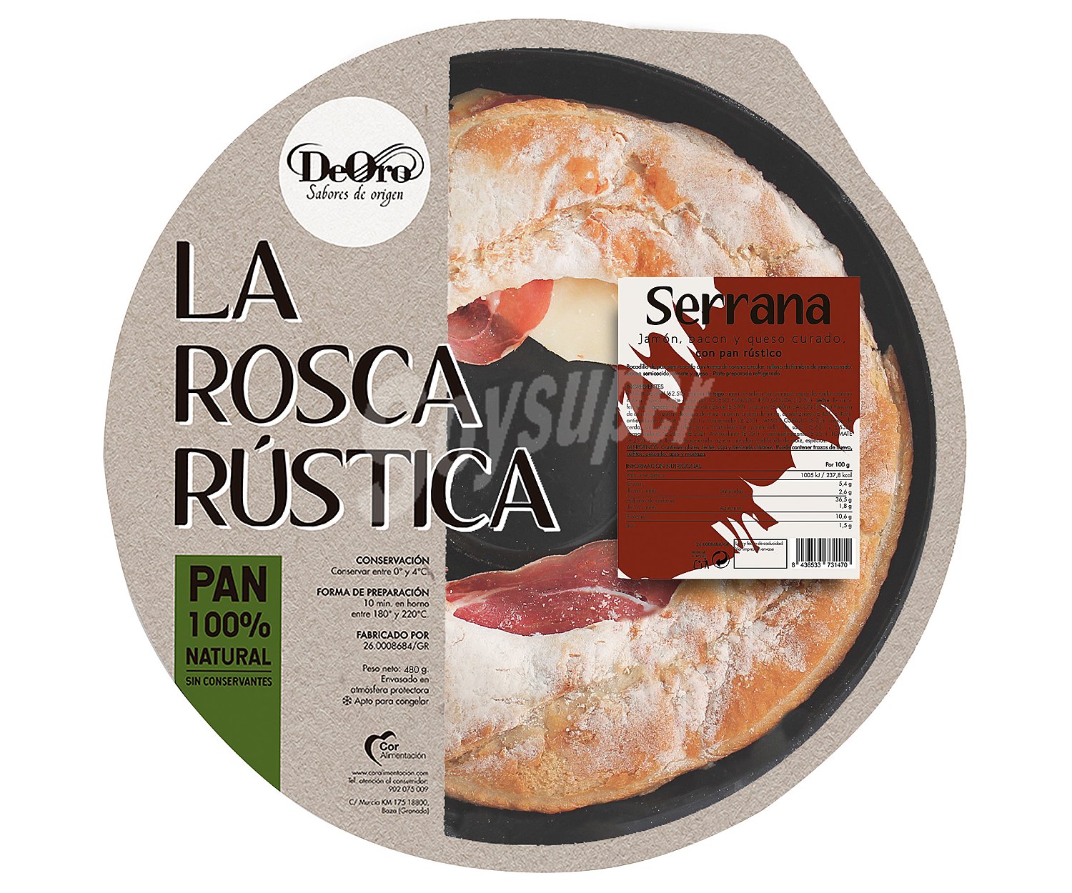 Rosca de pan rústico rellena de jamón serrano, bacon y queso curado