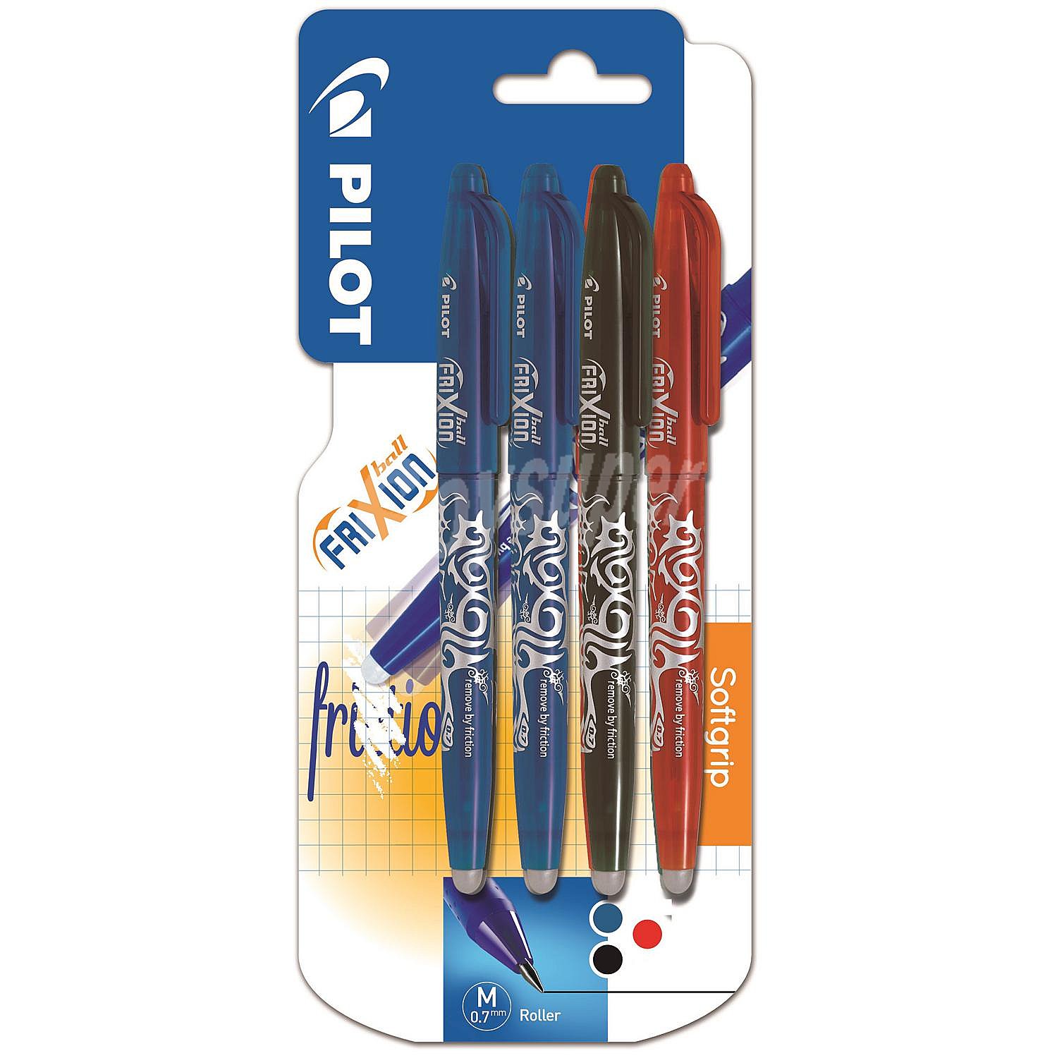 Boligrafo tinta gel borrable:2azul, 1negro, 1rojo, punta 0.7mm Frixion