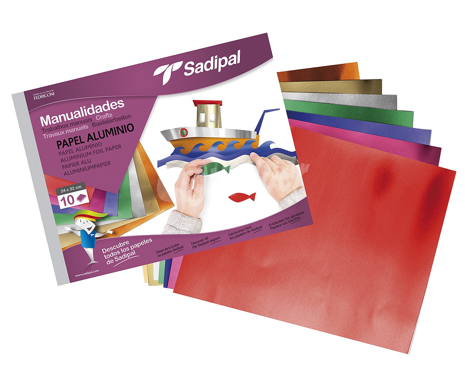 Bloc de 10 hojas de papel de aluminio de diferentes colores y con medidas de 24x32 centímetros SADIPAL.