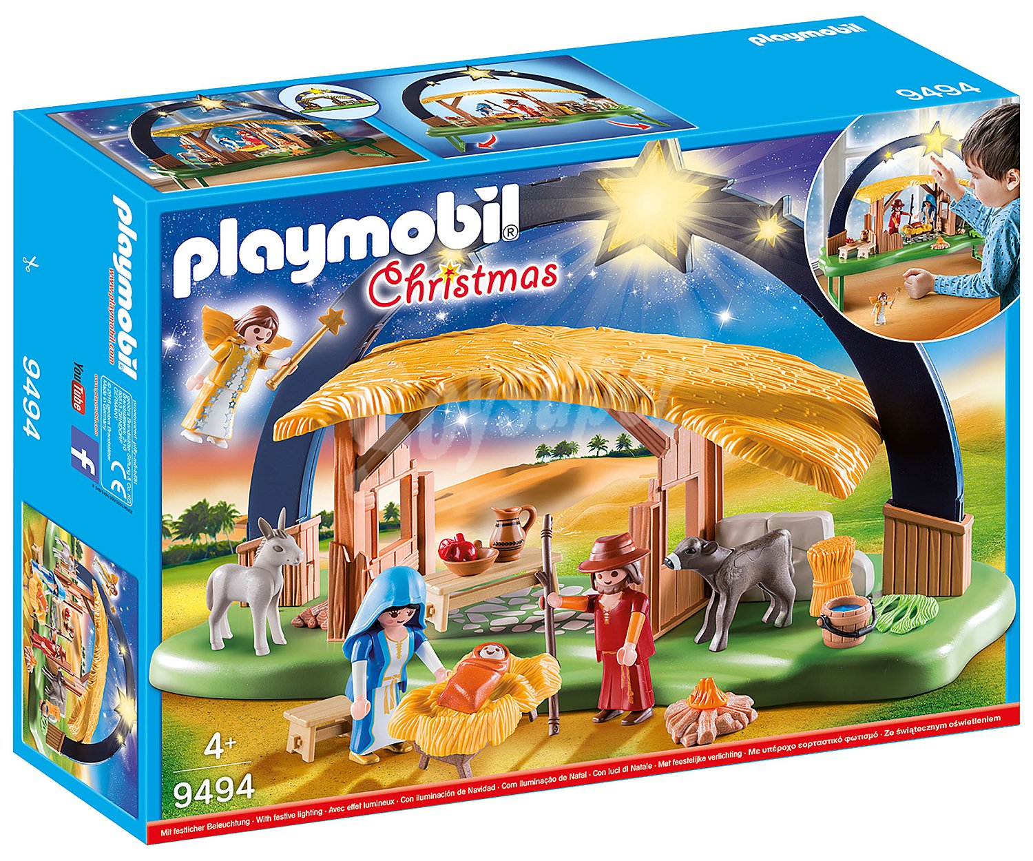 Escenario de juego Belén con Luz con 3 figuras, animales y accesorios, Christmas 9494, playmobil