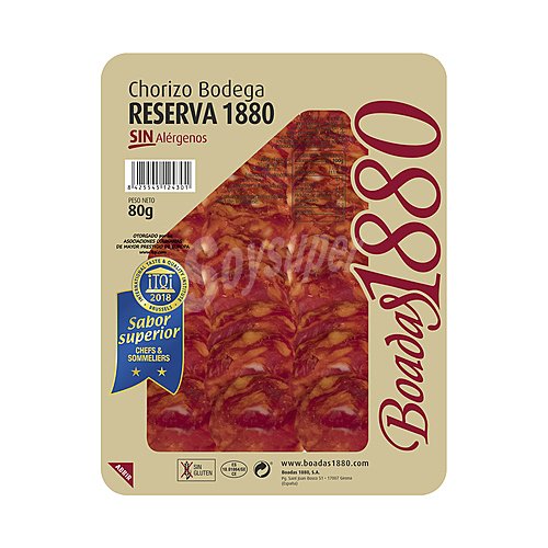 Boadas Chorizo de bodega, categoria extra, sin gluten y sin alérgenos, cortado en lonchas boadas Reserva 1880